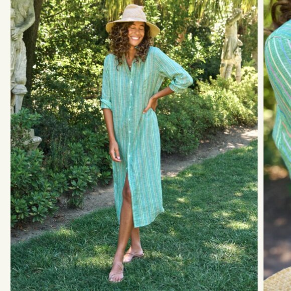 Frank & Eileen | Rory Maxi Shirtdress Linen Green Multi Stripe Dress Size M - Picture 2 of 14